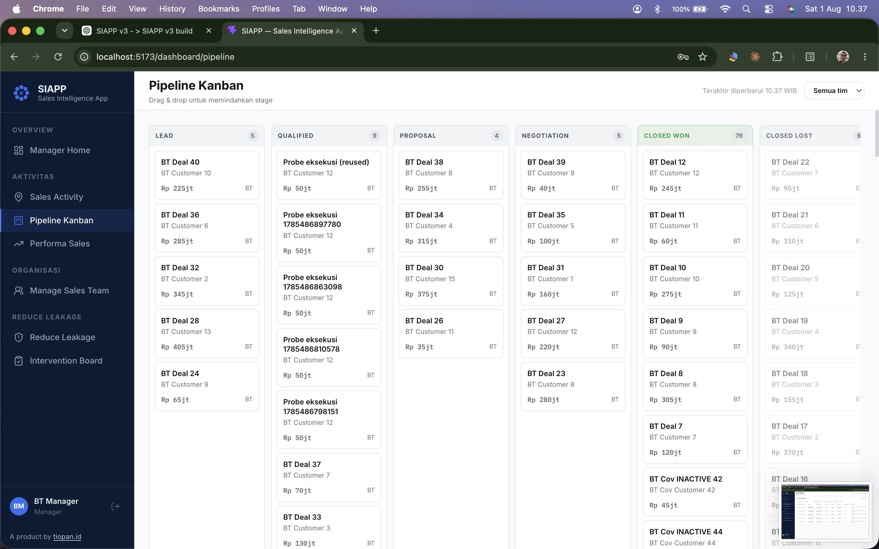 SIAPP pipeline kanban showing opportunities across deal stages.